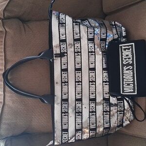 Victoria's Secret 2 piece  Silver Sequin Logo Stripe Tote